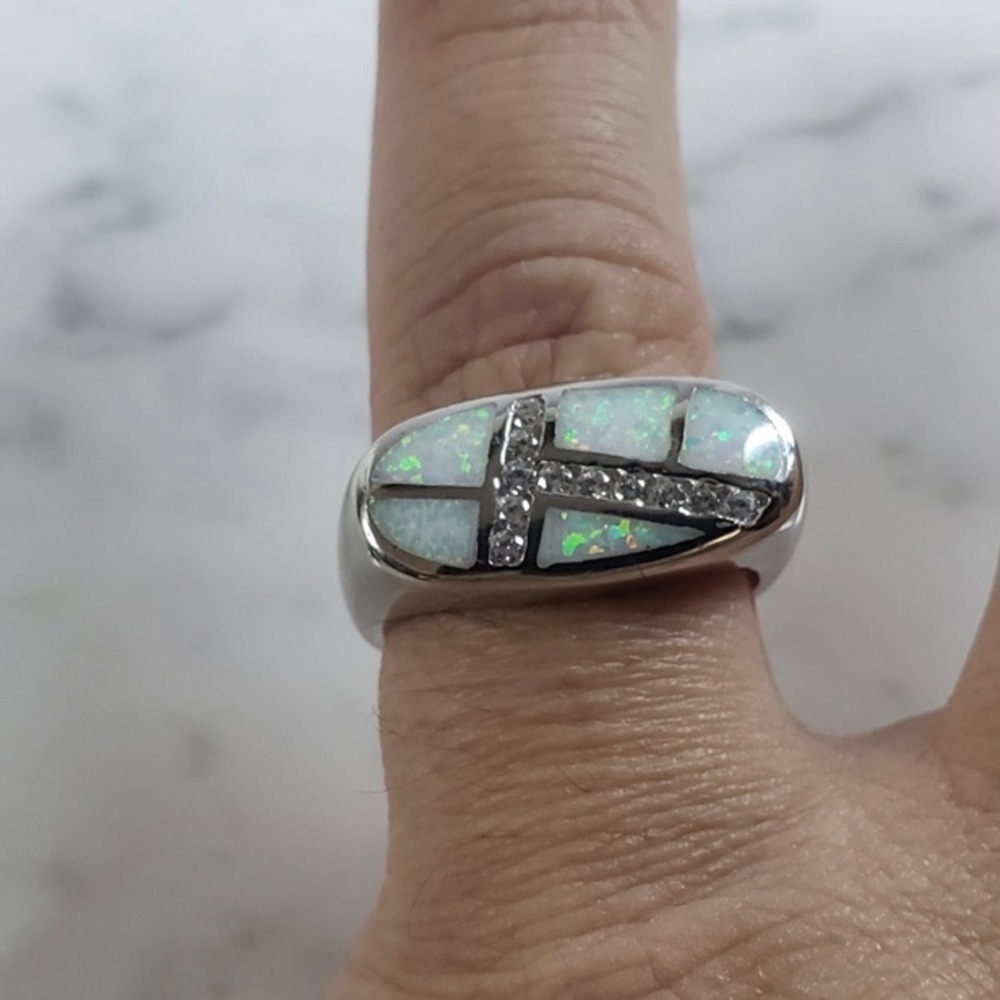 Womens Vintage Estate Sterling Silver Modernist Opal Ring - Picture 5 of 5